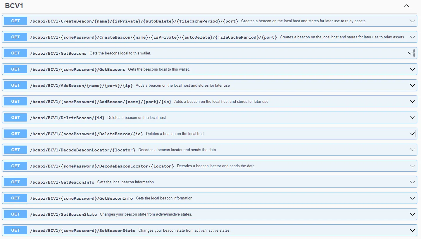 Beacon endpoints in the CLI Swagger page
